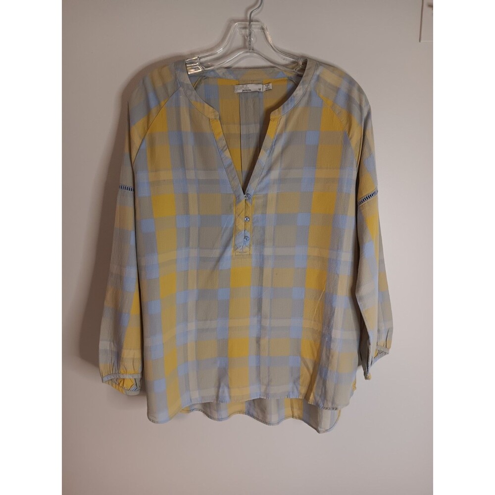 Prana Plaid Popover Blouse Top Sz Medium Yellow / Grey